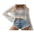 thumbnail image 4 of Women Crop Top Crochet Hollow Out Knitted Pullover See Through T-Shirts, 4 of 7