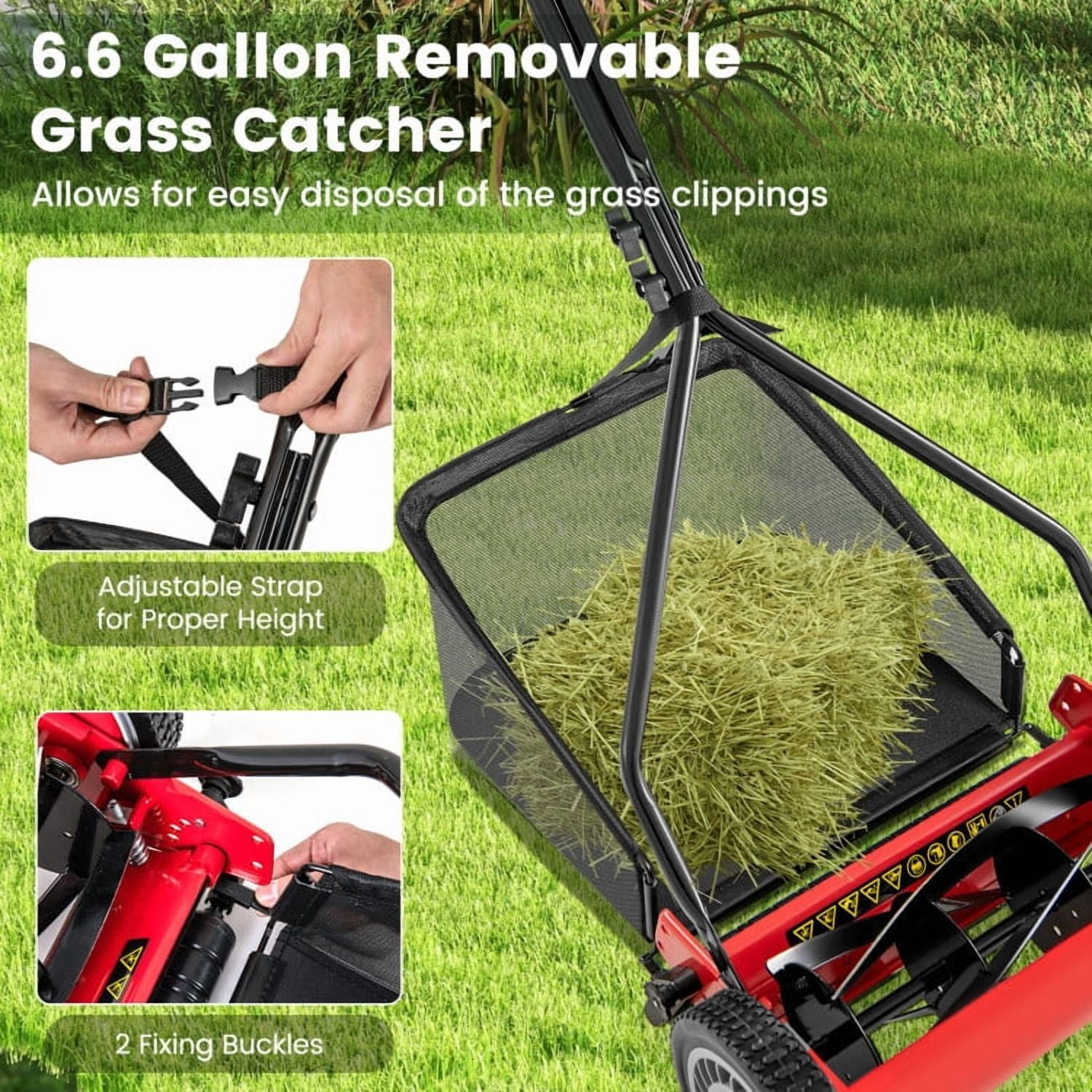 YYAo 14 Inch Push Lawn Mower with 5 Steel Blades and Grass Catcher Bag-Red