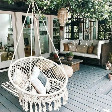 Hanging Hammock Mesh Woven Rope Macrame Wooden Bar Chair Swing Outdoor Home Garden Patio Chair Seat + Install Tool Home Decor