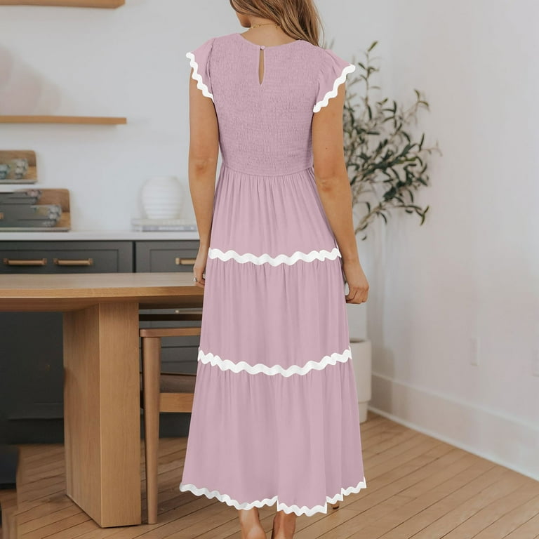 ShomPort Long Dress for Women Tall Women Summer Smocked Ruffle Sleeve Flowy  Dress A-Line Beach Dress with Pockets - Walmart.com