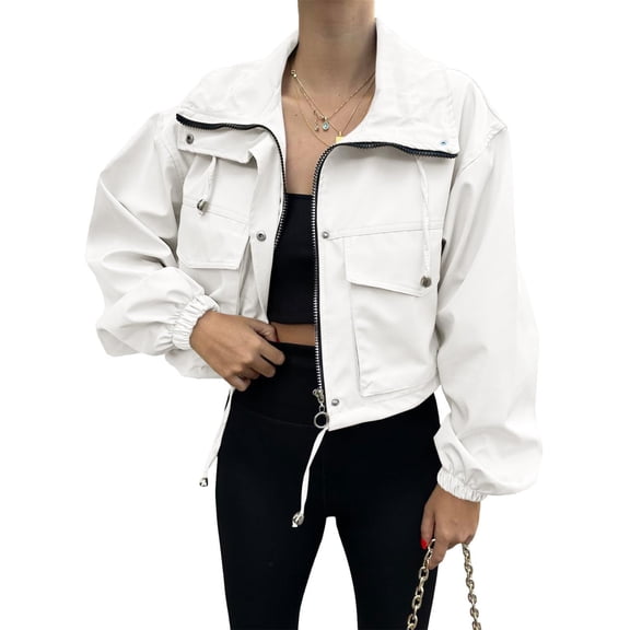 Womens Cropped Jacket Zip Up Lightweight Oversized Utility Anorak Coat with Pockets White XL(XL)
