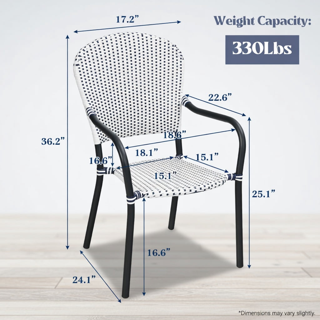 Hommoo 4-Pack Stackable Outdoor Dining Chairs, PE Rattan with Black Steel Frame, Weather-Resistant Patio Chairs for Garden, Poolside & Backyard, White