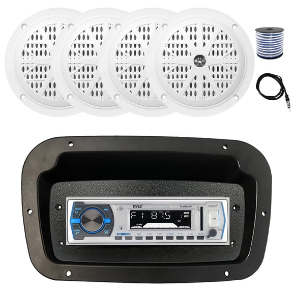 Pyle PLMRB29W Single DIN Bluetooth Marine MP3 Stereo Receiver, Spa bezel, Adapter Plate, 22" Radio Antenna, Wire, 4x 4'' 100 Watt Peak Full Range Dual Cone Waterproof Stereo Speakers (White)
