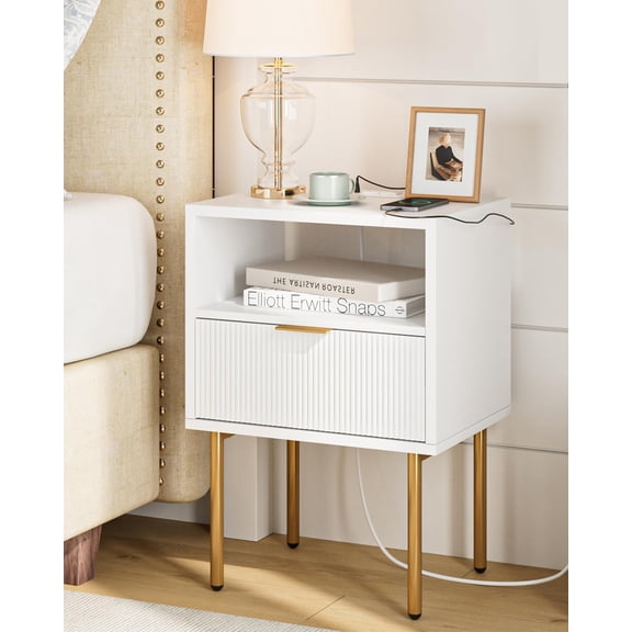 Nightstand with Charging Station,Mid-Century Modern Bedside Table with Storage Drawer and Open Wood Shelf,Small Gold Frame Side Table for Bedroom,Living Room (White)