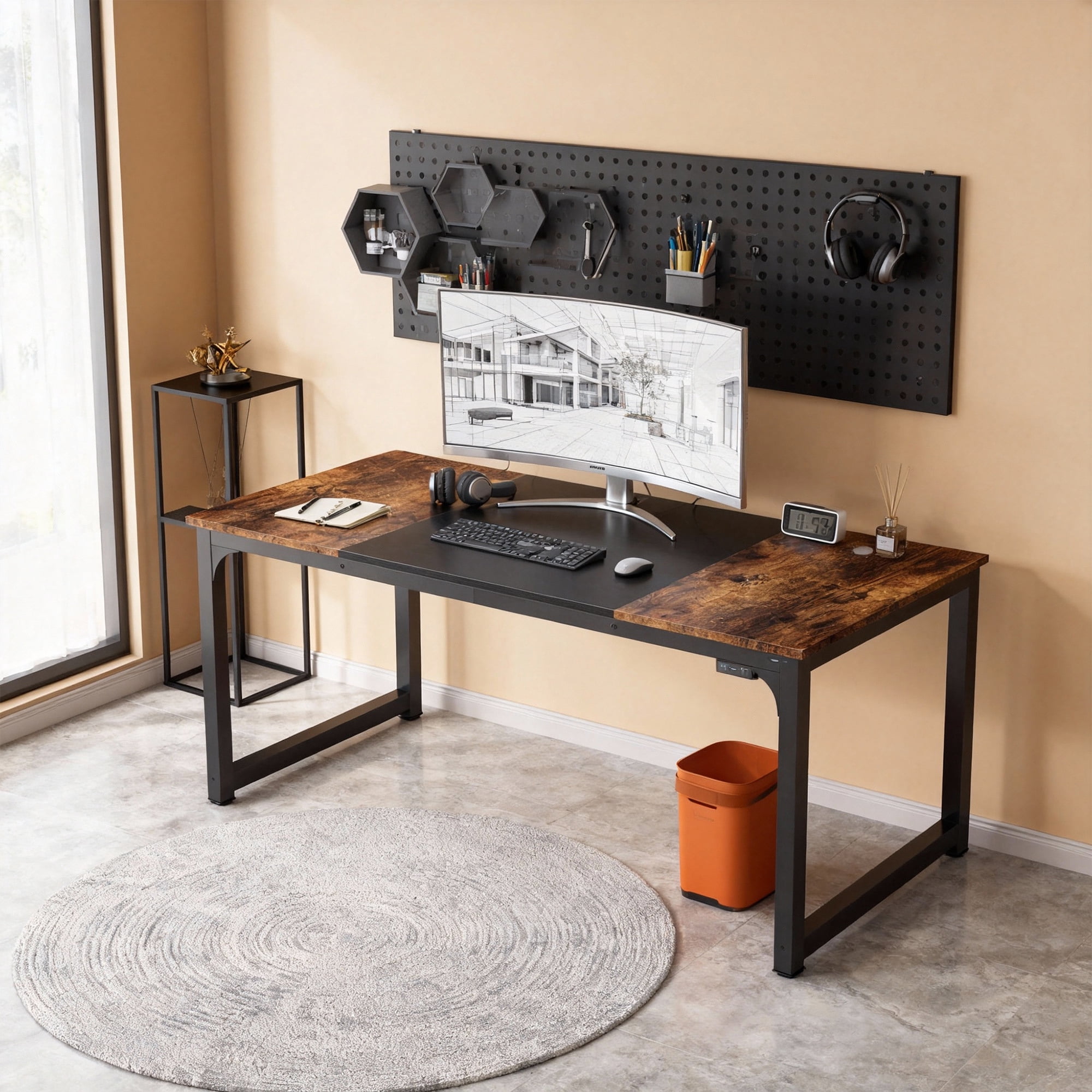 KIOOTTO 63" Executive Office Desk, Large Computer Writing Desk with Heavy Duty Steel Frame, Rustic Brown