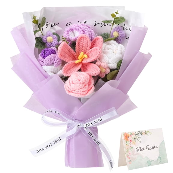 Armscye Crochet Flower Bouquet, Handmade Knitted Flowers with Card, Just for You Forever Bouquet, Purple Artificial Knitted Blooms for Birthday, Room Decor & Back to College