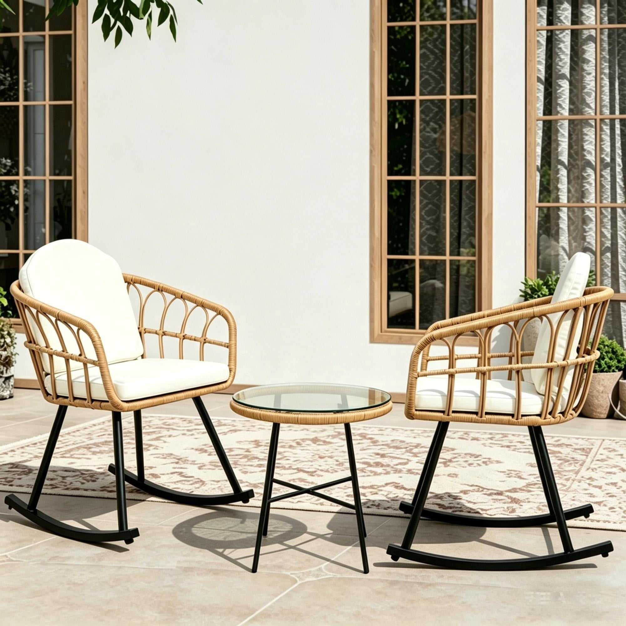 LAZZO 3-Piece Patio Conversation Set, Outdoor Wicker Rocking Chair Set with Cushions and Table, Beige
