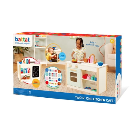 BATTAT TWO N’ ONE WOODEN KITCHEN CAFÉ WITH DISHES AND CHALKBOARD, TODDLER AND PRESCHOOL TOYS