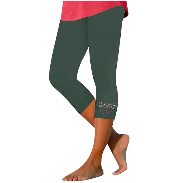 Olyvenn Womens Rhinestone Trim Capri Pants Stretchy Compression Leggings Print Pattern Yoga Pants Summer Vacation Outfits Green S
