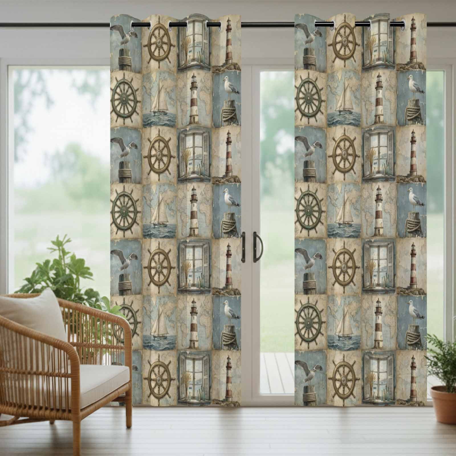 Summer Vintage Ocean Outdoor Curtains for Patio, Retro Nautical Compass Seagull Lighthouse Sailboat Sunshade Privacy Drapes Grommet Waterproof Outside Curtains for Porch Balcony 54"x108", 1 Panel