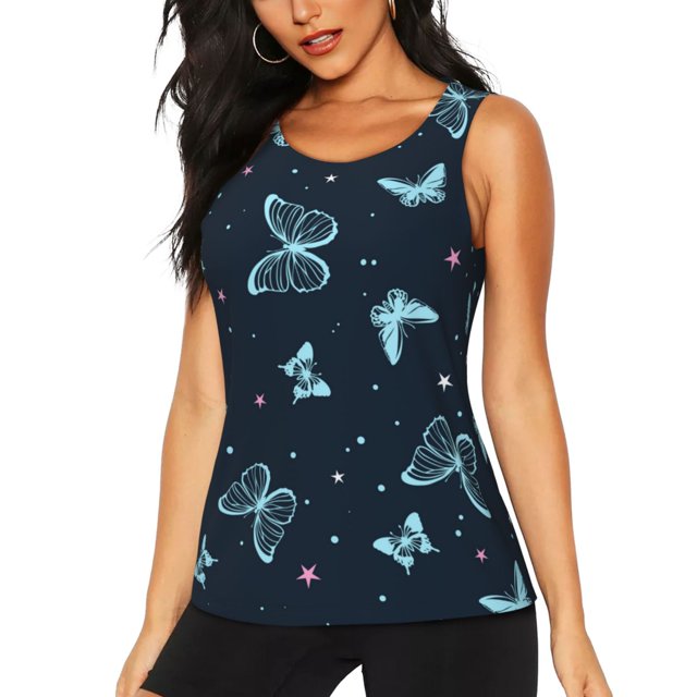 Fotbe Beautiful Butterflies Blusas Sin Mangas para Mujer – Estilo Casual, Corte Suelto, Slim-Fit, Cuello Redondo Deportivo, Tops de Verano para Gimnasio y Yoga-XX-Large