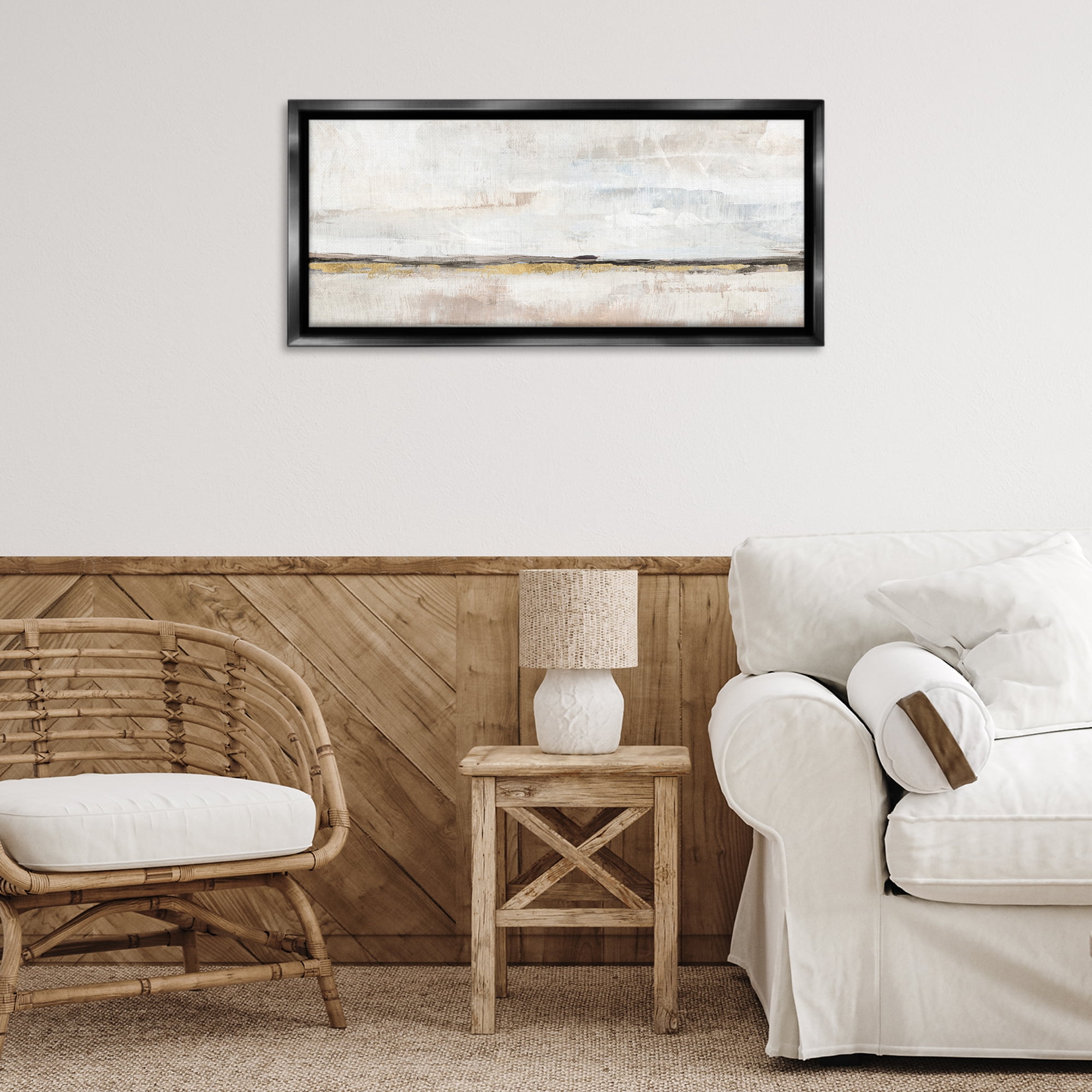 Stupell Industries Neutral Horizon Landscape Abstract Painting Black Floater Framed Canvas Art Print Wall Art, 31 x 14