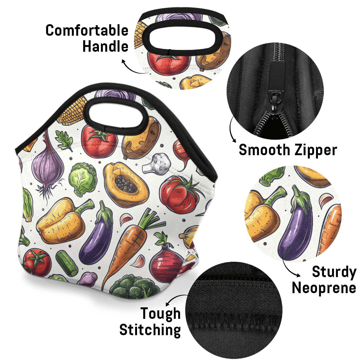 Herdesigns Vegetable Neoprene Lunch Bag, Food Insulated Lunch Box for Women Men Washable Lunch Tote Soft Lunch Container With Zipper for Work Picnic Travel