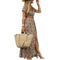 thumbnail image 2 of ITFABS Femmes Fleur Robe Longue, Manches Courtes V-Cou Taille Haute Robe Fendue, 2 of 6