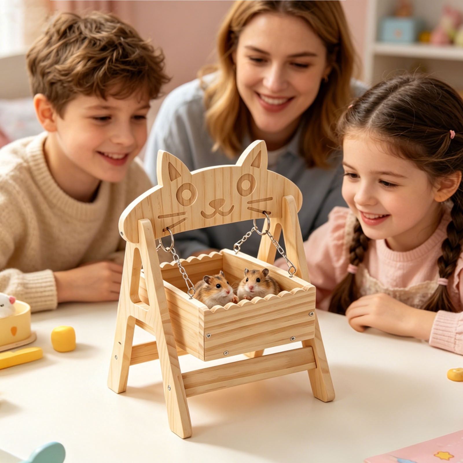 Natural Wood Hamster House 13 Inch Chew-Proof Small Animal Hideout Cage Decor Indoor Habitat Rest Shelter for Gerbils Mice Bunny Ferrets