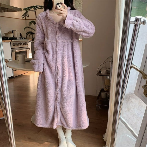 Bata con volantes para mujer, ropa de dormir con botones, camisón de pijama liso de manga larga, ropa de casa de lana cálida, ropa de invierno japonesa