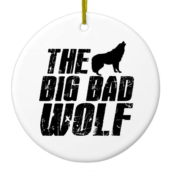 DistinctInk Hanging Ceramic Christmass Tree Ornament with Gold String - Great Gift / Present - 2 3/4 inch diameter - The Big Bad Wolf