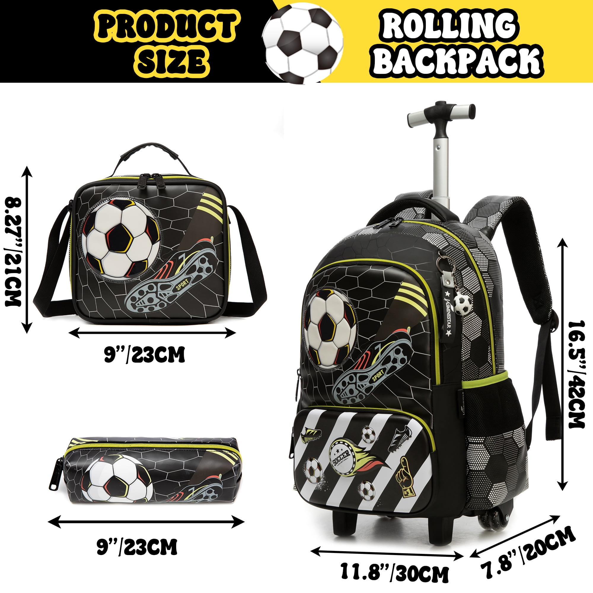 Boys Roling School Backpack with Wheels 3-Piece Wheeled Kids Backpacks with Lunch Box Pen Bag for Pupil Luggage Ages 6-12 Black Soccer