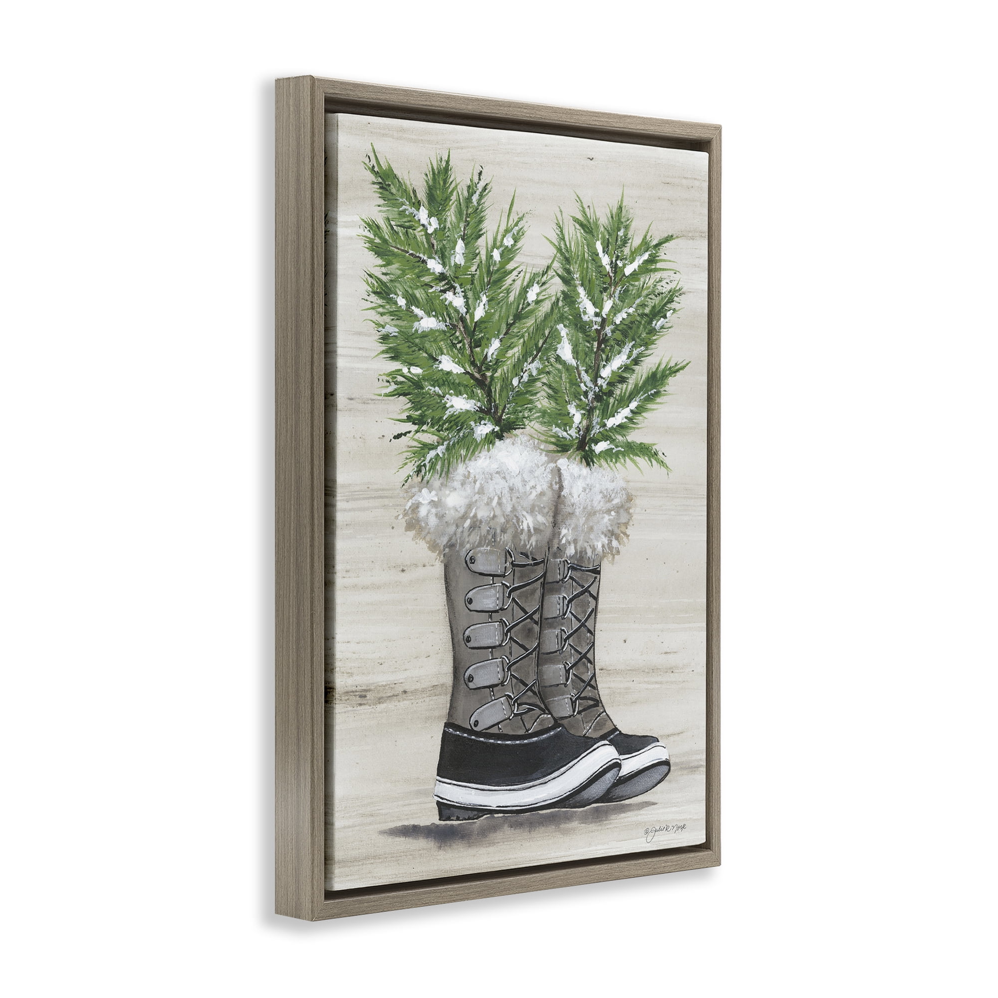 Stupell Industries Winter Sprigs in Boots Botanical & Floral Painting Brown Floater Framed Art Print Wall Art, 17 x 25