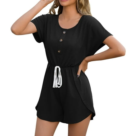 

Jumpsuits Bodysuit For Women Women Solid Color Jumpsuit V Neck Short Sleeve Button Jumpsuit Loose Short Wide Pants Loose Jumpsuit Body Suits Women Clothing Underwear Pajamas Lingerie For Women