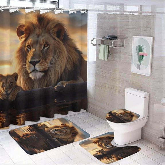 4PCS Retro Lion Bathroom Set with Rugs and Toilet Lid Cover Modern Desert Wildlife Walking Waterproof Shower Curtain Set for Bathroom Decor, Style-4