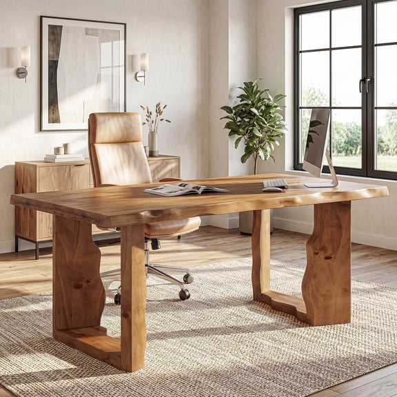 TRIBEWOOD 63" Solid Wood Executive Desk, Farmhouse Computer Office Desk with Live Edge