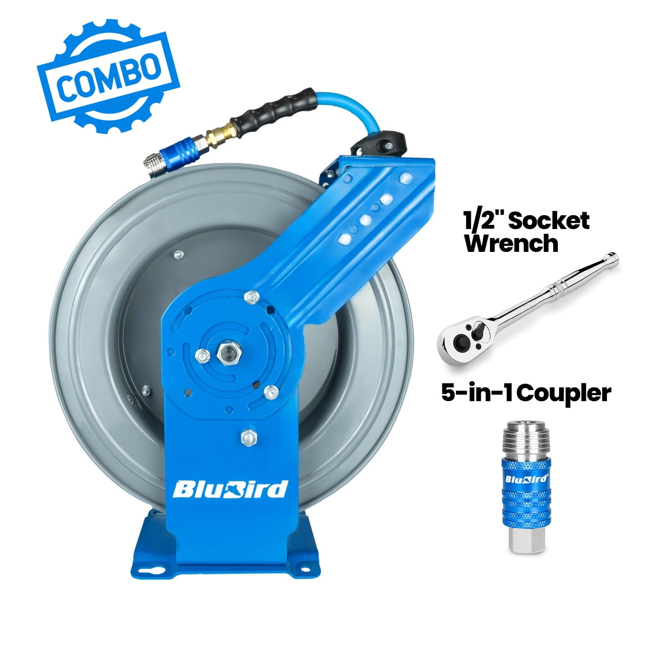 BluBird 1/2" x 50' Retractable Air Hose Reel – All-In-One Patented Design with 5-in-1 Coupler, 180° Swivel Mount, Heavy-Duty Steel, Rubber Hose, Auto Rewind