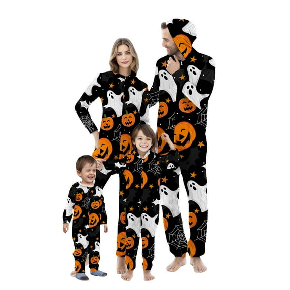 Miqool Family Matching Halloween Onesie Pajamas, Funny Pumpkin Printed Long Sleeve Pjs Soft Sleepwear One-Piece Zipper Hooded Jumpsuit Jammies Loungewear for Family Photography Outfit