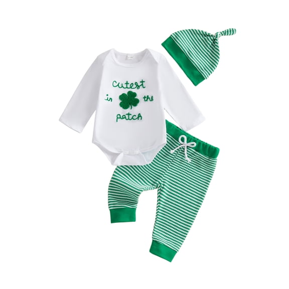 Spewahor Infant Baby Boys Irish Day Outfit 0 3 6 12 Months Crew Neck Letter Clover Embroidery Romper Drawstring Pants Hat Sets