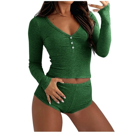 

oieyuz Homewear Nightgown Sets for Women Long Sleeve Button V-Neck Tops Shorts Night Pajamas Suits