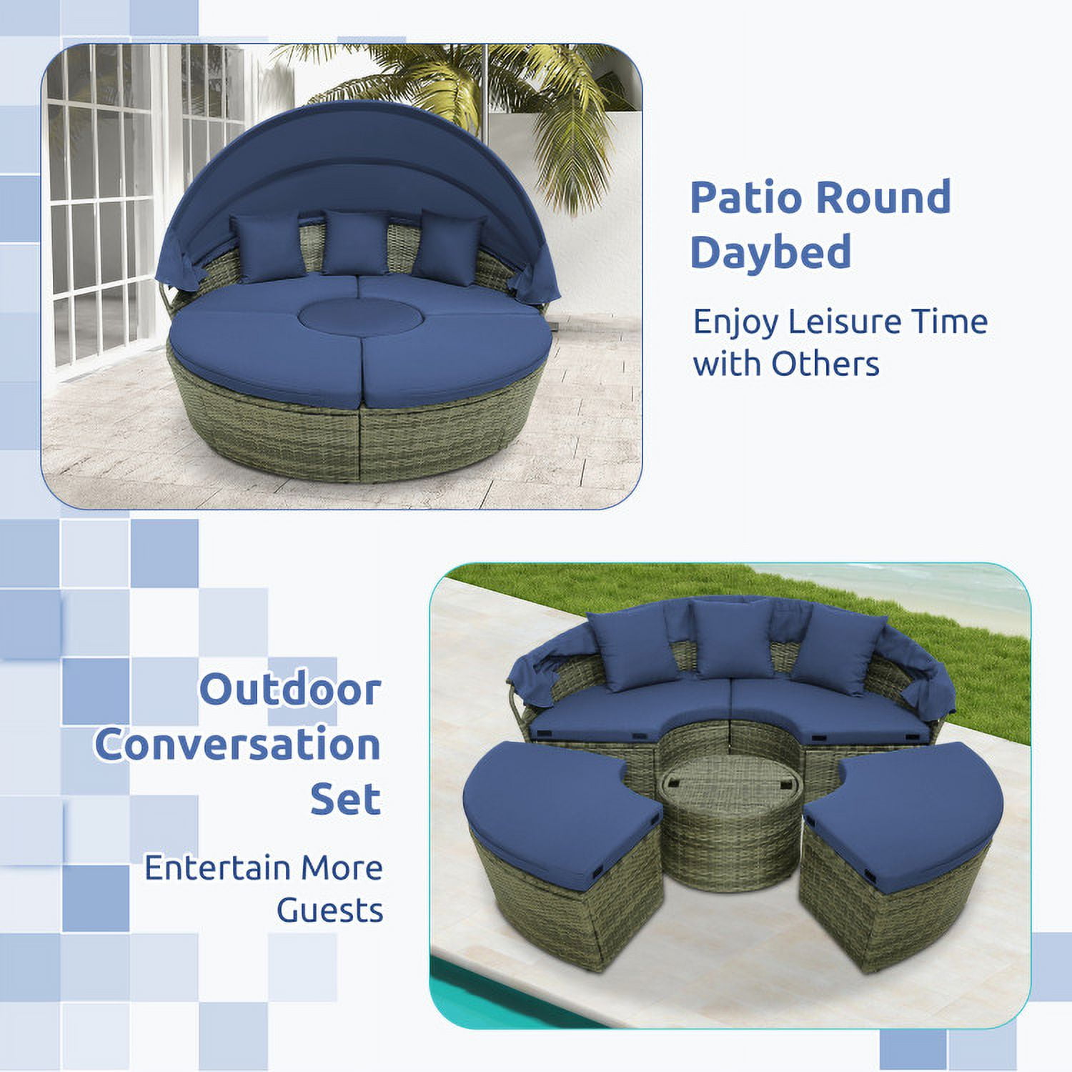 Aimee Lii Outdoor PE Wicker Round Daybed with Retractable Canopy and Cushions, Outdoor Patio Set, Navy