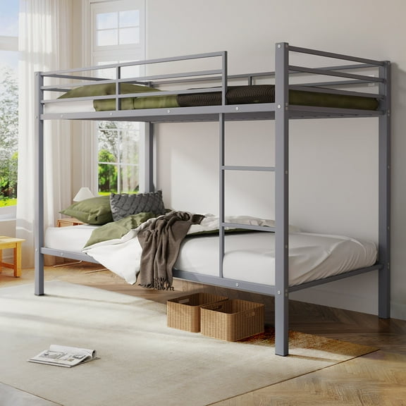 Aukfa Metal Bunk Bed Twin Over Twin, High Guardrail and Metal Slats, Space-Saving Bed Frame for Kids Teens, Gray