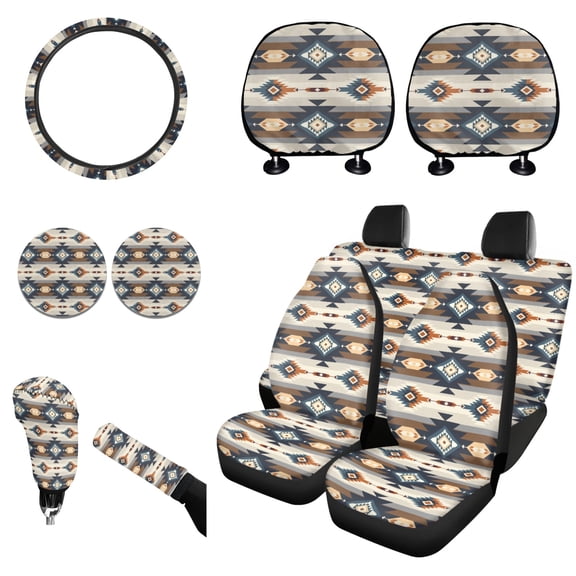 Renewold Car Seat Cover Full Set 11 PCS, with Steering Wheel Headrest Handbrake Gear Shift Knob Cover Cup Coasters Auto Seat Cover Accessories, Southwest American Tribal Blue Brown