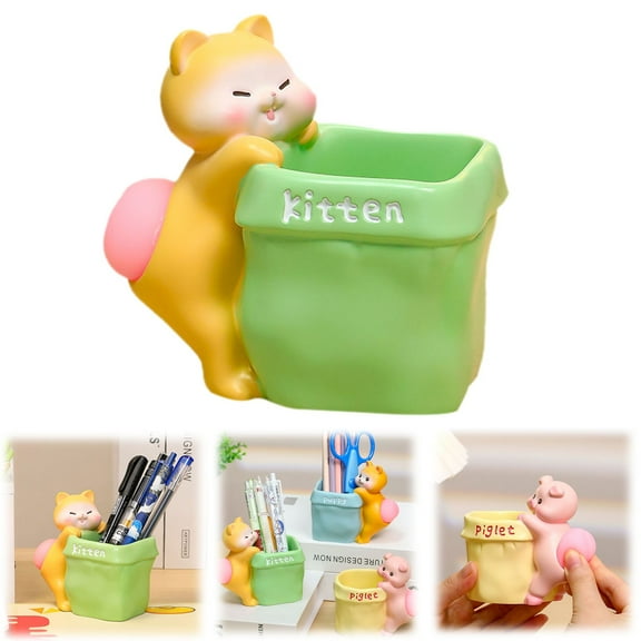 HandyHome Cute Cat Pen Holder for Desk, Creative Pet Themed Resin Pencil Holder, Realistic Desk Pet Multi-Functional Pen Organizer for Stationery Makeup Brush, Desk Organizers and Accesories, Kitty