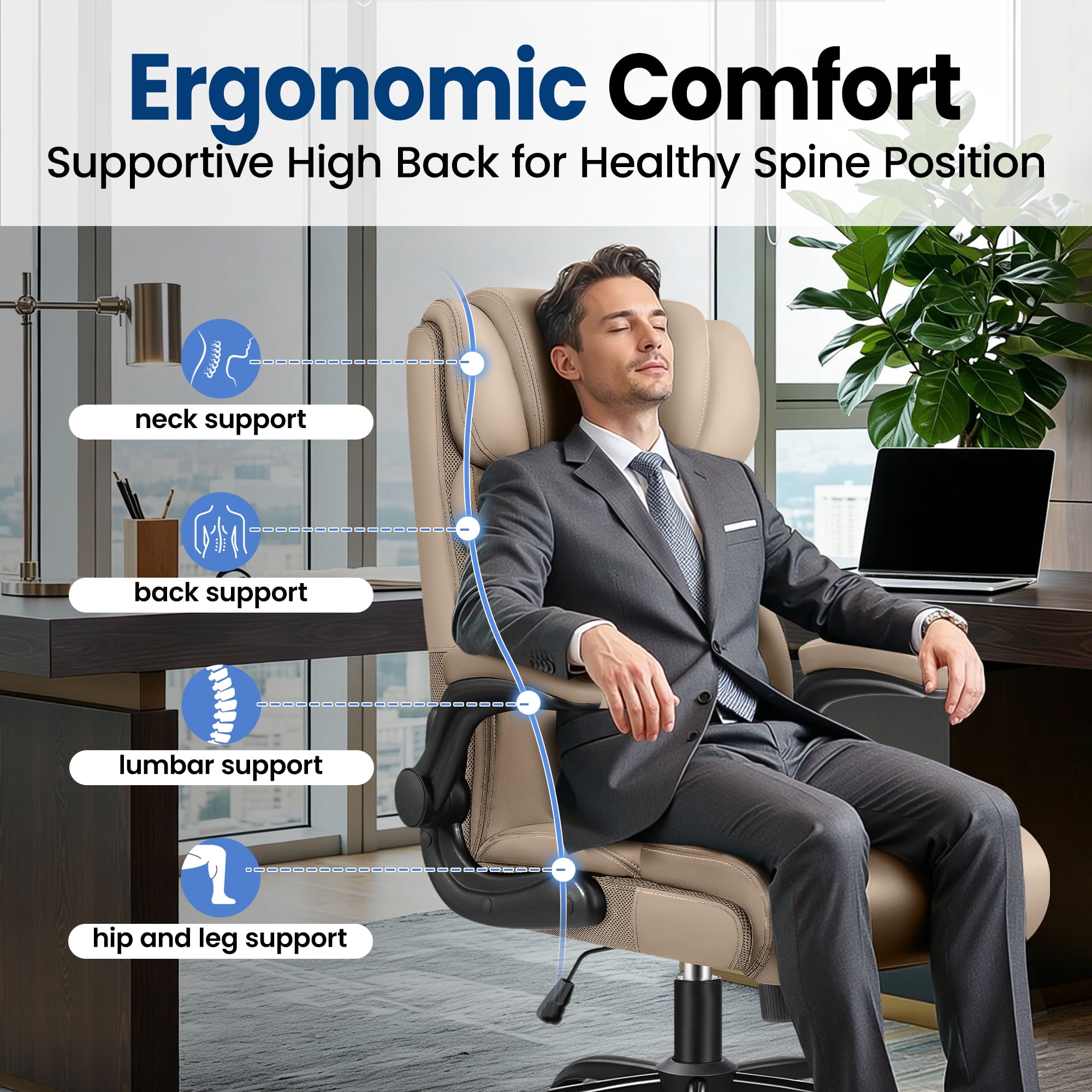 STACOO High Back Executive Office Chair 400lbs, Big and Tall Ergonomic Desk Chair with Lumbar Support & Flip-up Armrests, PU Leather Swivel Chair with Adjustable Height – Beige