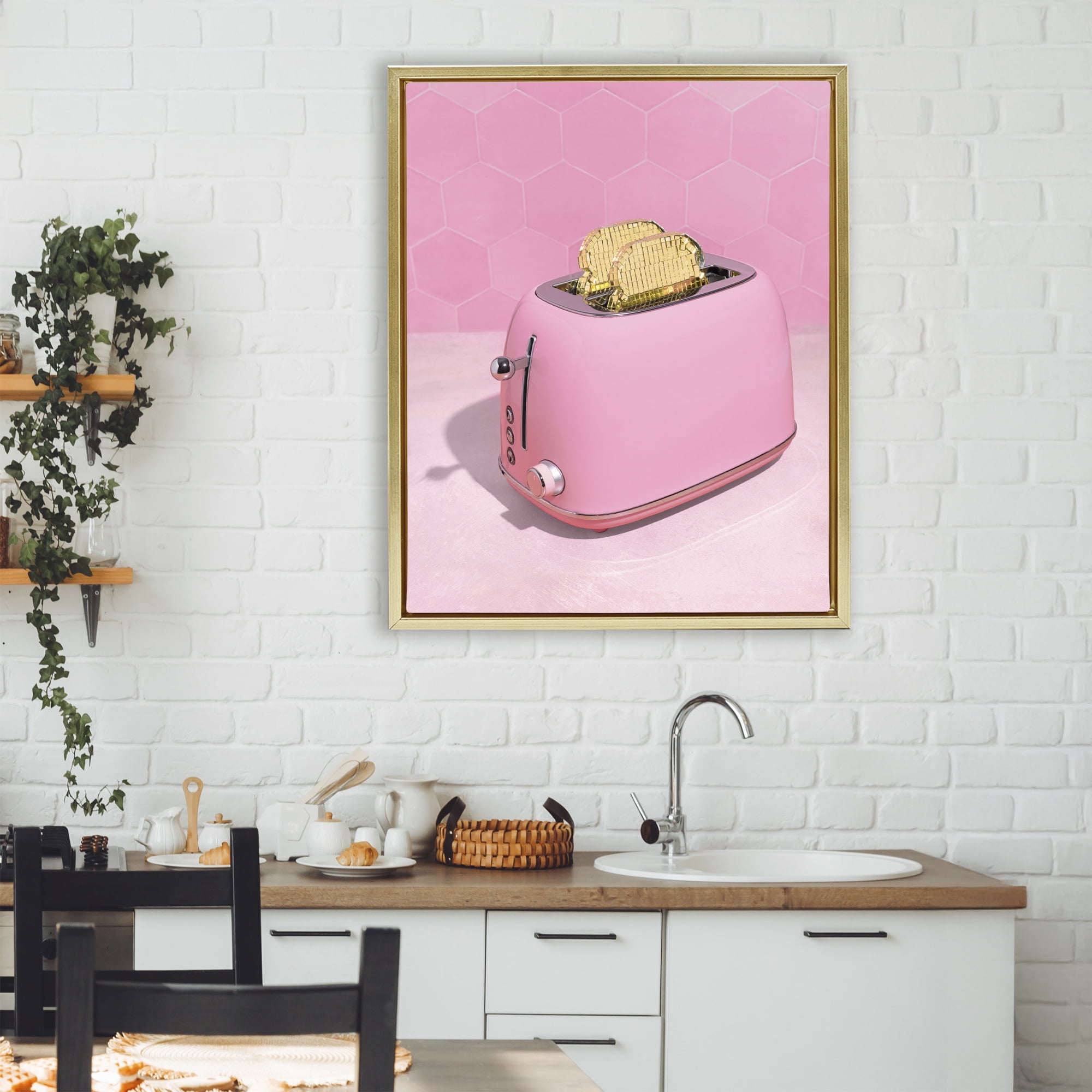 Stupell Industries Golden Toaster over Pink Gold Framed Floater Canvas Wall Art, design by LISH Creative