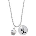 thumbnail image 1 of Delight Jewelry Silvertone Small White Cupcake with Crystal Sprinkles Silvertone Script Initial Disc - L - Charm Necklace, 20"+3", 1 of 4