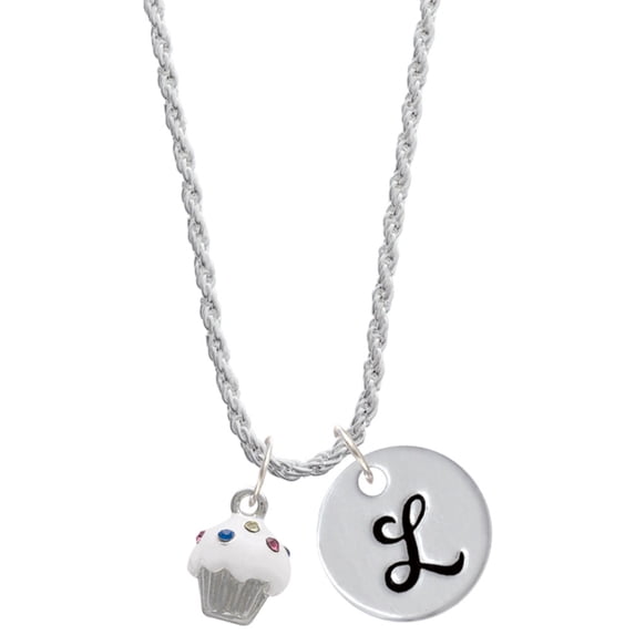Delight Jewelry Silvertone Small White Cupcake with Crystal Sprinkles Silvertone Script Initial Disc - L - Charm Necklace, 20"+3"