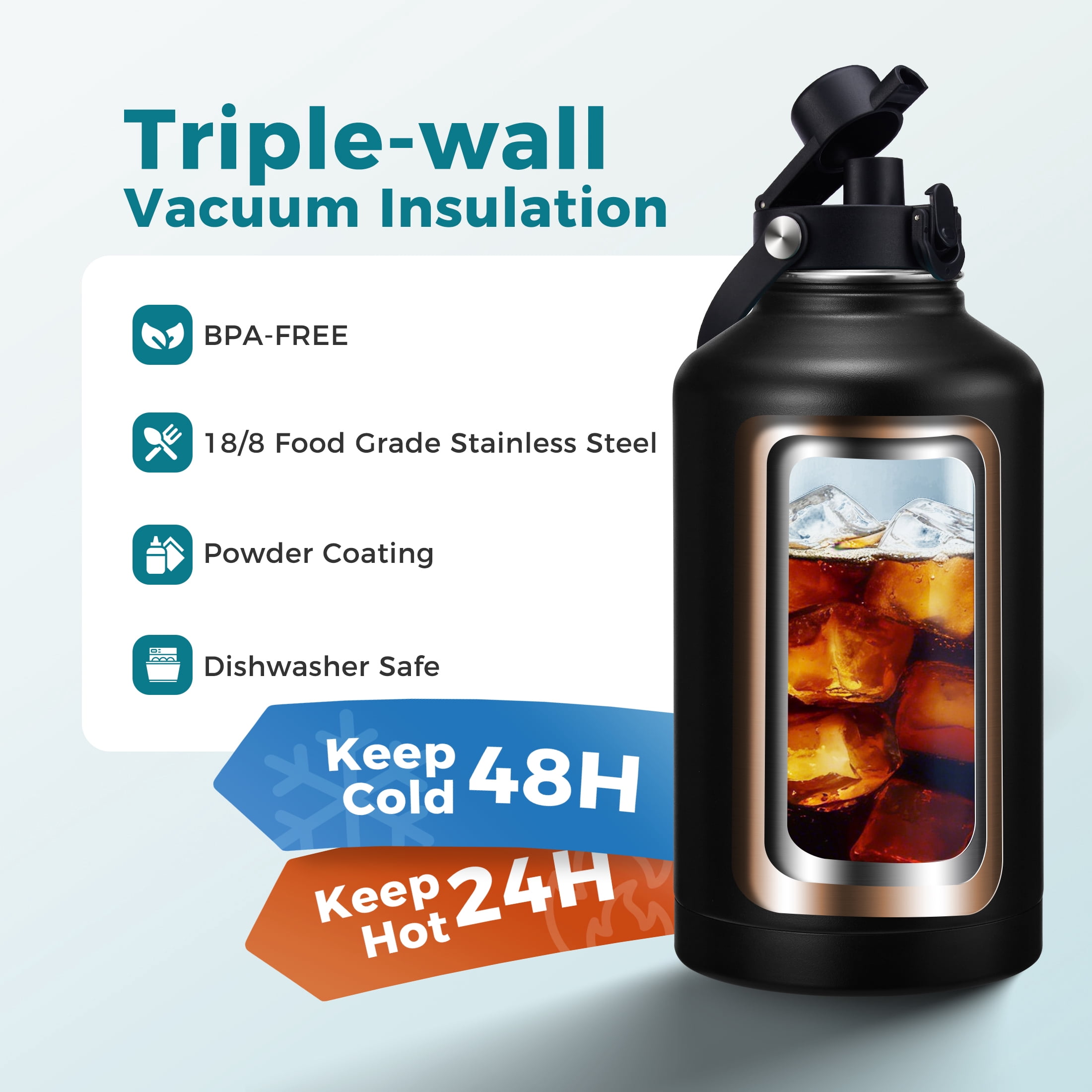 64oz Insulated Water Bottle with Straw & Spout Lids, Half Gallon Stainless Steel Jug, Leakproof, Cold 48H & Hot 24H