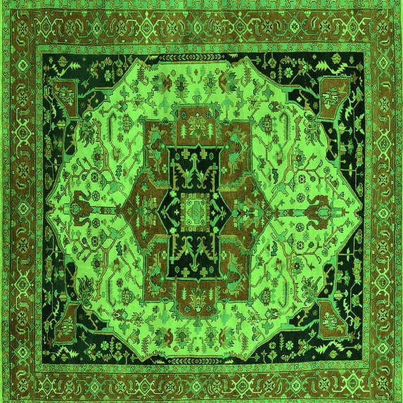 Ahgly Company Indoor Square Oriental Green Industrial Area Rugs, 7' Square