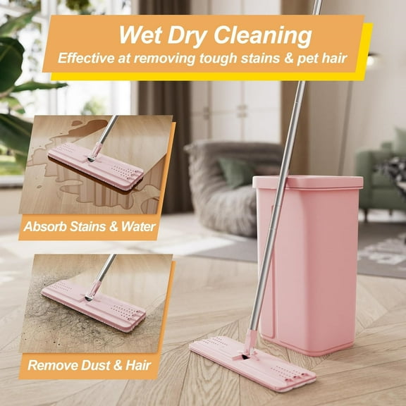 Pink Mop and Bucket with Wringer Set for Home, with 3 Reusable Microfiber Mop Pads, Hands-Free Self-Cleaning System, Suitable for Floor Cleaning and Wall Cleaner
