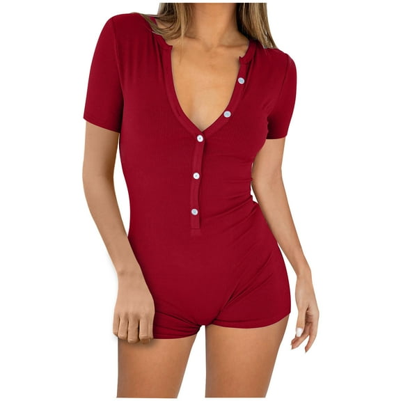 Women's 2024 V Neck Short Sleeve Shorts Romper Y2k One Piece Yoga Buttons Jumpsuit Bodycon Pajama Set Gym Bodysuit Red,XL