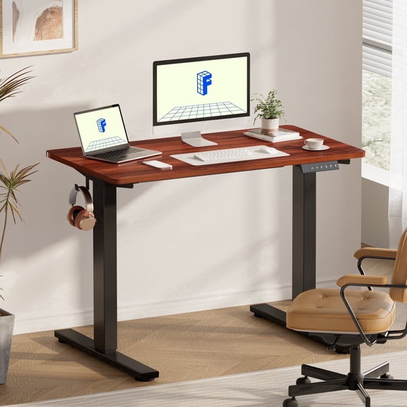 FLEXISPOT 48"x30" Home Office Height Adjustable Standing Desk with Hooks, Ergonomic Electric 2-Stage Stand Up Computer Desk, Black and Mahogany