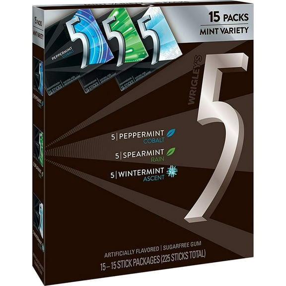 Wrigley's (15 Pack) 5 GUM Peppermint, Spearmint, Wintermint Sugar Free Chewing Gum Variety Pack, 15 StickRDC35