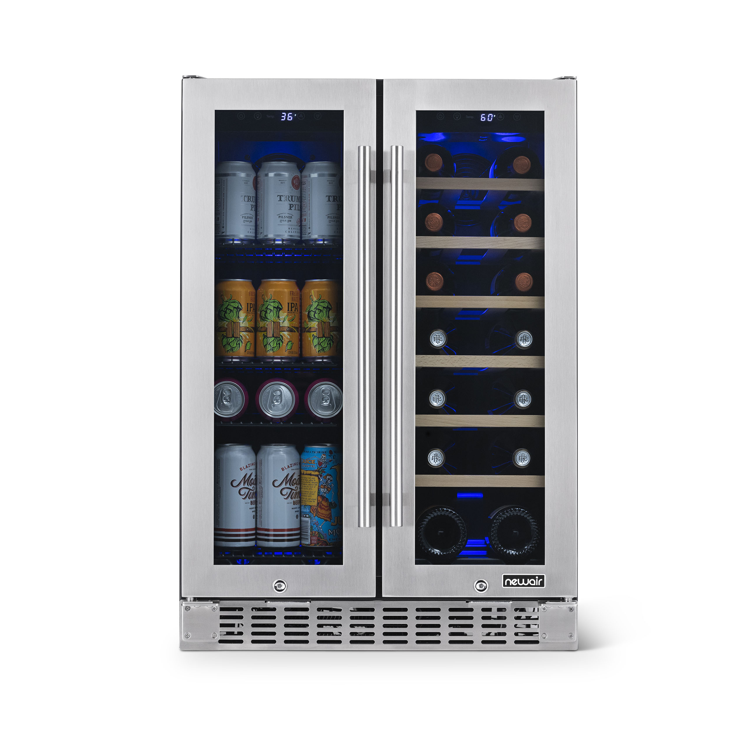 Newair 24" Premium Built-in Dual Zone 18 Bottle and 58 Can French Door Wine and Beverage Fridge in Stainless Steel with SplitShelf and Beech Wood Shelves - image 5 of 11