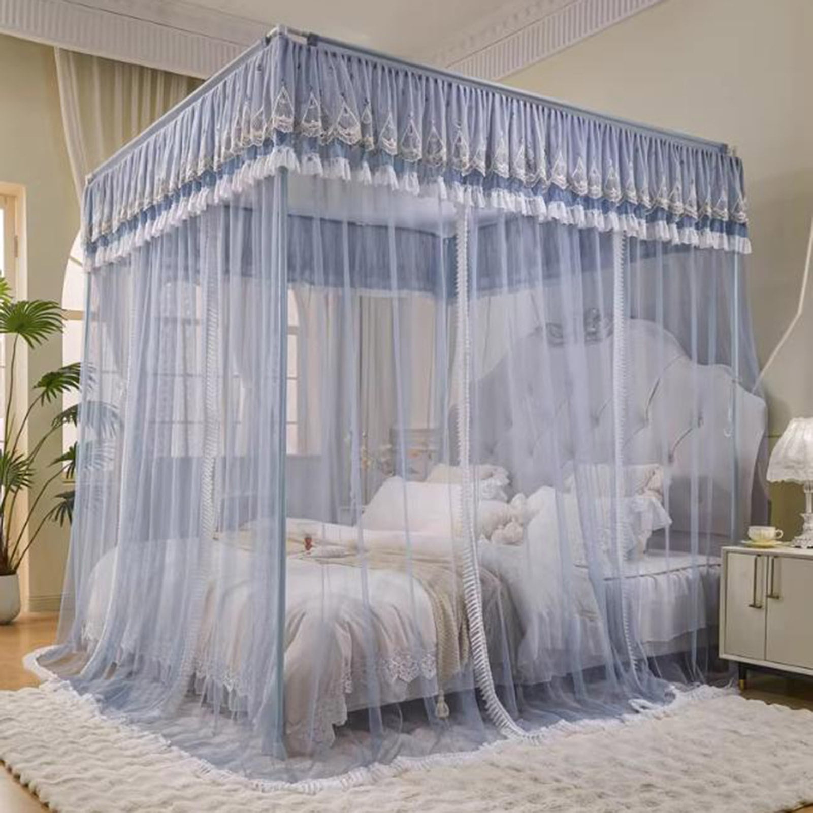 Floor Standing Mosquito Net Bed Canopy,4 Corner Post Three-Door Bed Canopy, Cozy Breathable for Girls Adults Bedroom Decoration