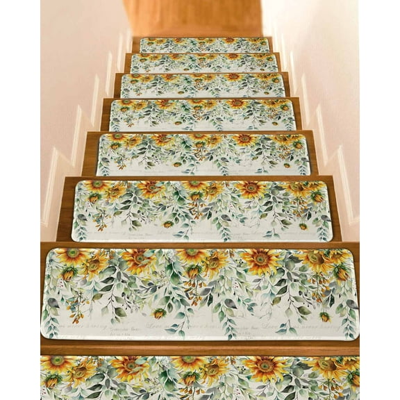Sunflowers Stair Treads for Wooden Steps Indoor Runner Rug Carpet, Spring Floral Eucalyptus Leaves Summer Botanical 4 Pieces Peel and Stick Staircase Step Treads Covers Washable Door Mats 30"x8"