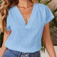 thumbnail image 2 of WEAIXIMIUNG Chemises pour Femmes T-Shirts Graphiques Packs Blouse d'Été Unie en Lin Manches Mi-Longues Col en V, 2 of 5