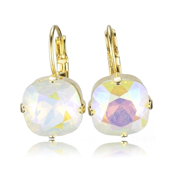 Swarovski Element White Opal Glacier Blue Green Purple Yellow 12mm Cushion Cut Earrings Nickel Free