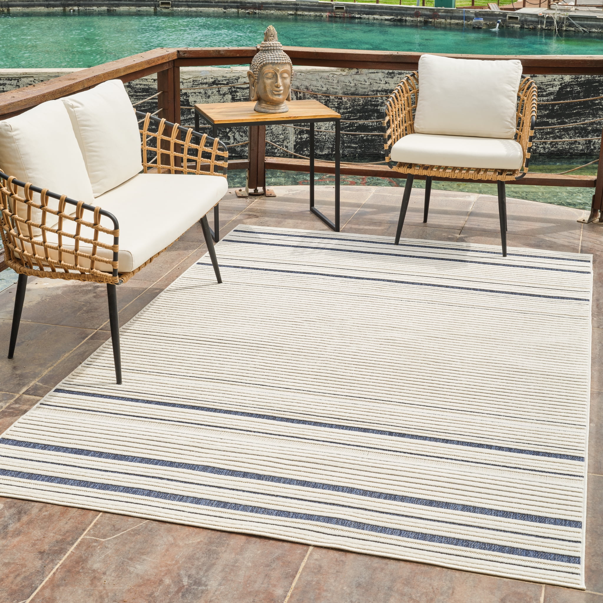 Rug Branch Maise Abstract Indoor Outdoor Area Rug, Cream Blue, Modern - Entryway, Hallway, Bathroom, and Kitchen